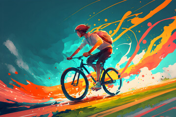 young man riding a bicycle with a colorful energy, digital art style, illustration painting