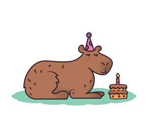 capybara in a festive cap. candle cake. happy birthday card. vector illustration. cute animal. postcard. congratulation.