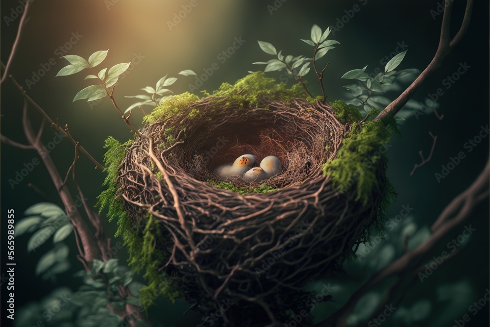 Poster a bird's nest with two eggs in it on a tree branch with green leaves and a light shining on the grou