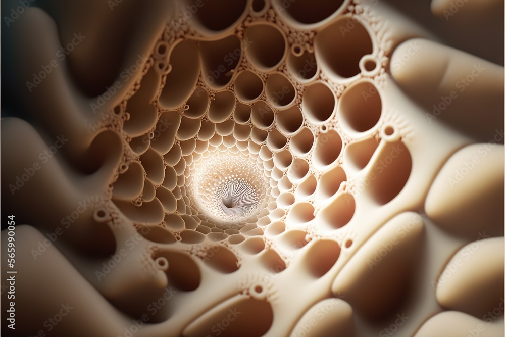 Poster a computer generated image of a spiral like object with a white center surrounded by smaller circles