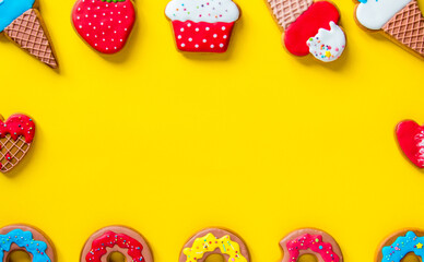 gingerbread in a circle on a yellow background place for text. High quality photo