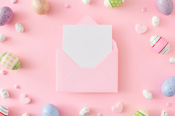 Fototapeta na wymiar Happy easter concept. Flat lay composition made of colorful eggs, pink hearts on pastel pink background and envelope with letter in the middle. Spring holiday card idea.