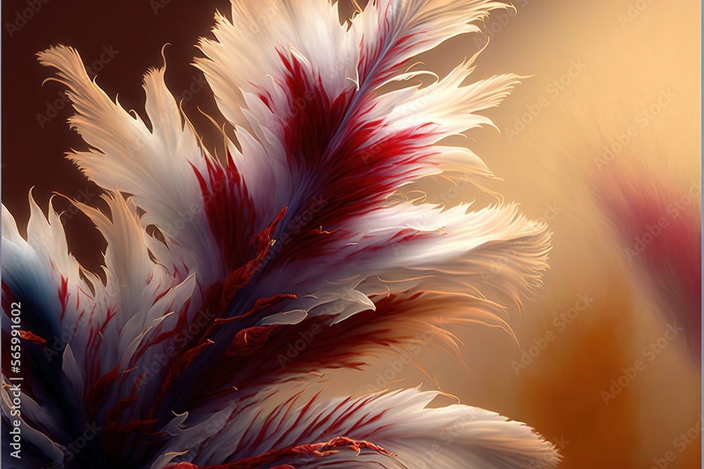 Poster  a close up of a red and white flower on a brown background with a blurry background behind the flower is a blurry image of red and white feathers.  generative ai