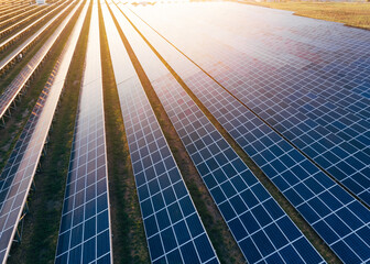 Aerial view of the many solar panels. Environmentally friendly energy.