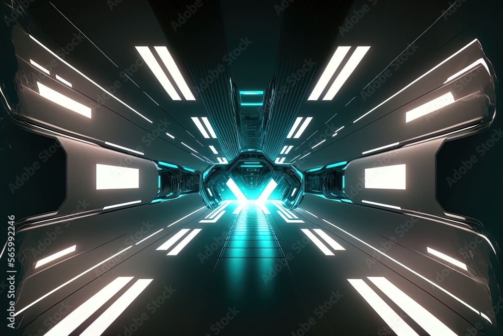 Poster cruising into the void on a futuristic shuttle's underground passageway. advanced technology with a 