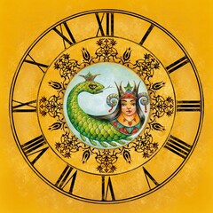 Roman clock design with Queen of Snakes (Shahmaran) and Turkish ornaments. Mix digital and hand drawing painting.