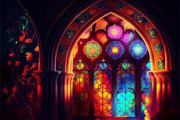 Fototapeta na wymiar Islamic background bright colors. inside temple with rainbow colors 
