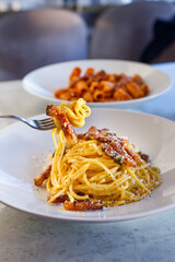 spaghetti, italian, cream, fork, mediterranean, horizontal, classic, restaurant, creamy, white, course, no people, italian food, photography, rustic, freshness, kitchen, cheek, colour, hard, image, ph