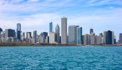 Fototapeta na wymiar View of the Chicago Skyline from the Museum Campus, Lake Michigan shore. Chicago city skyline on a warm, spring day