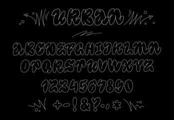 Fototapeta na wymiar Hand drawn graffiti bubble style alphabet. Isolated trendy old-school typography design. Creative white monoline concept on black background. Vector lettering font