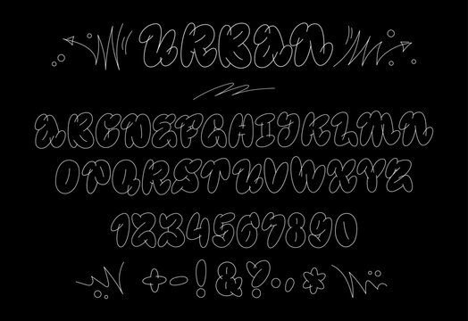 Hand drawn graffiti bubble style alphabet. Isolated trendy old-school typography design. Creative white monoline concept on black background. Vector lettering font