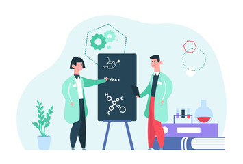 Scientist study. Man and woman working in laboratory, writing on board. People doing research, medical workers