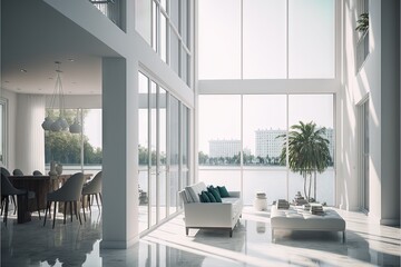  a living room with a couch a table and a window with a view of the water and buildings in the distance and a palm tree.  generative ai