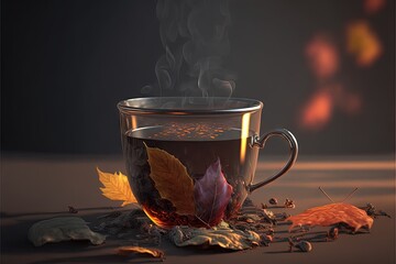  a cup of tea with a steam rising from it and leaves scattered around it on a table with a dark background and a few orange leaves.  generative ai - obrazy, fototapety, plakaty