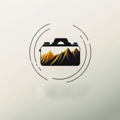 Minimalist logo for a landscape photography business. Camera with mountains. Generative AI