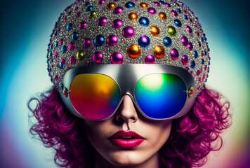 Woman with round disco ball with colorful jewels on her head. Wearing reflective with vibrant colors. Generative AI