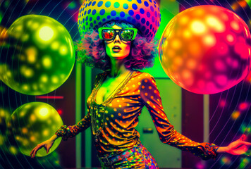 Fototapeta premium Woman at a colorful disco dance with wild fashion including a puffy hat and sunglasses. Balls are decorationg the creative space. Generative AI