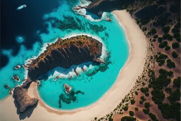  an aerial view of a beach and lagoon in the ocean with a sandy shore and a sandy island in the middle of the water with a few boats.  generative ai
