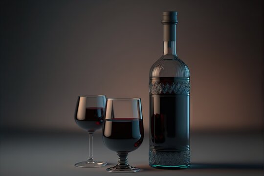  a bottle of wine and two glasses of wine on a table with a dark background and a dark background behind it, with a dark background with a light.  generative ai