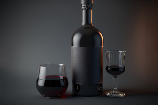  a bottle of wine and a glass of wine on a table with a dark background and a dark background behind it, with a dark background with a light and a darker area with a.  generative ai