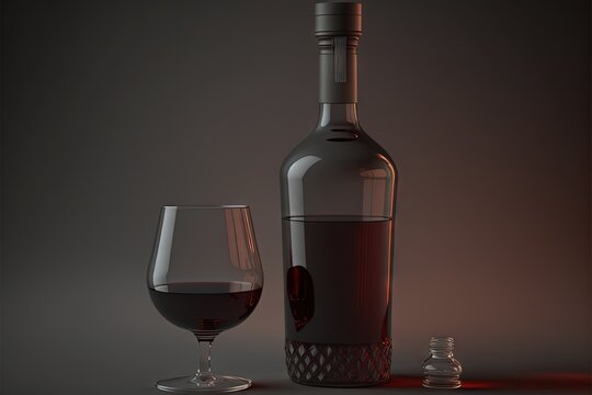  a bottle of wine and a glass of wine on a table with a bottle of wine in the background and a glass of wine in the foreground.  generative ai