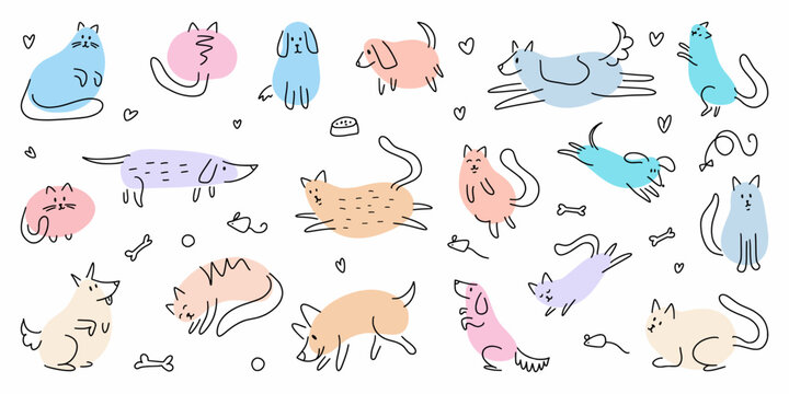 Vector collection of dogs and cats hand-drawn in doodle style