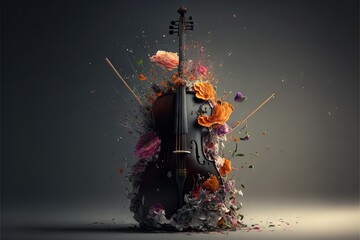  a violin with a lot of flowers on it's back and a violin in the middle of the image with a gray background and a black background.  generative ai