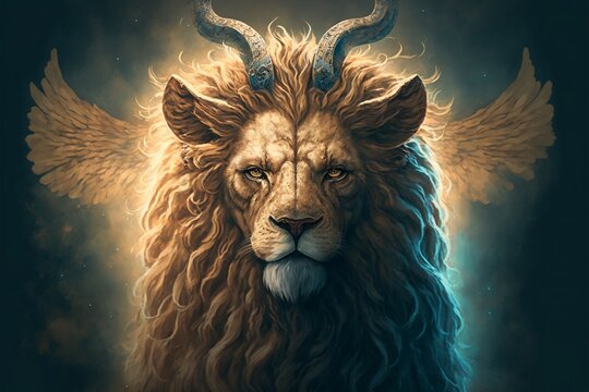 Angel lion with horns and wings, light background, calm mood, Carly's hair, goat horns