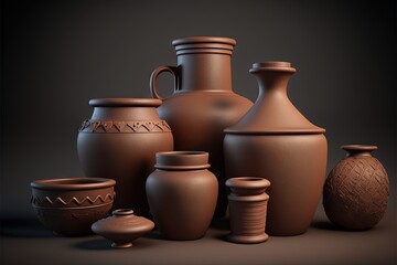  a group of clay vases and jars on a table top with a dark background behind them, with a black background behind them, and a dark background with a few smaller vases.  generative ai