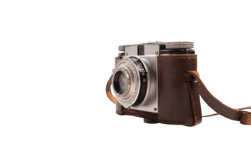 Vintage photographic machine with brown leather case and shoulder strap