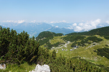 Fototapeta na wymiar The view of Sarsteinalm from the trekking route to Hoher Sarstein mountain, Upper Austria region
