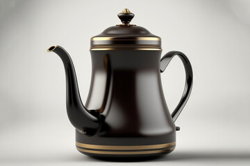  a black teapot with a gold trim around the top and a gold stripe around the bottom of the teapot, on a gray background.  generative ai
