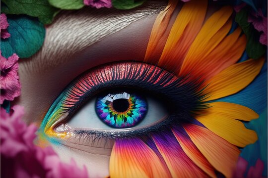  a close up of a person's eye with colorful makeup and flowers around her eyes and the eye is painted with a multi - colored eyeliner.  generative ai
