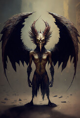 creepy monster with wings, dark fantasy concept art  