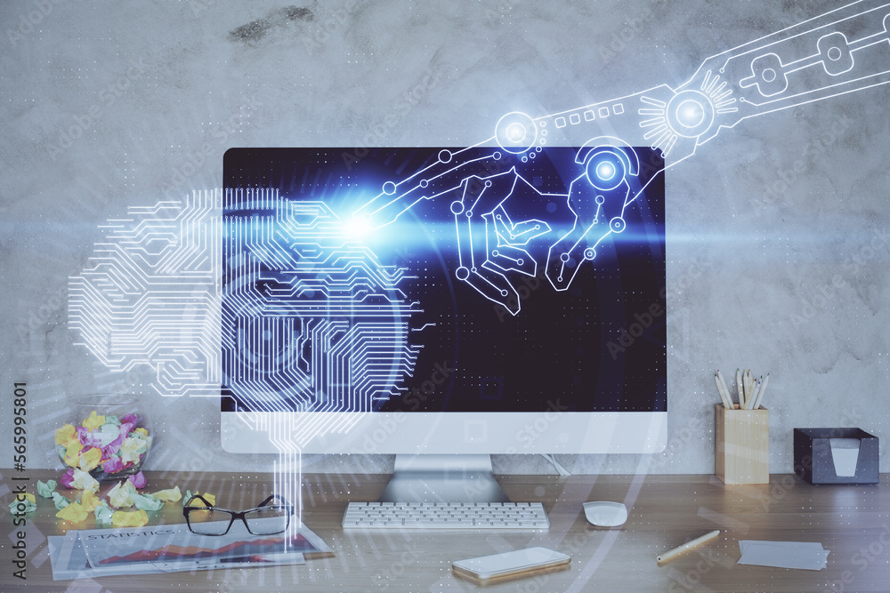 Aufkleber Double exposure of desktop with computer and brain drawing hologram. Artificial intelligence concept.