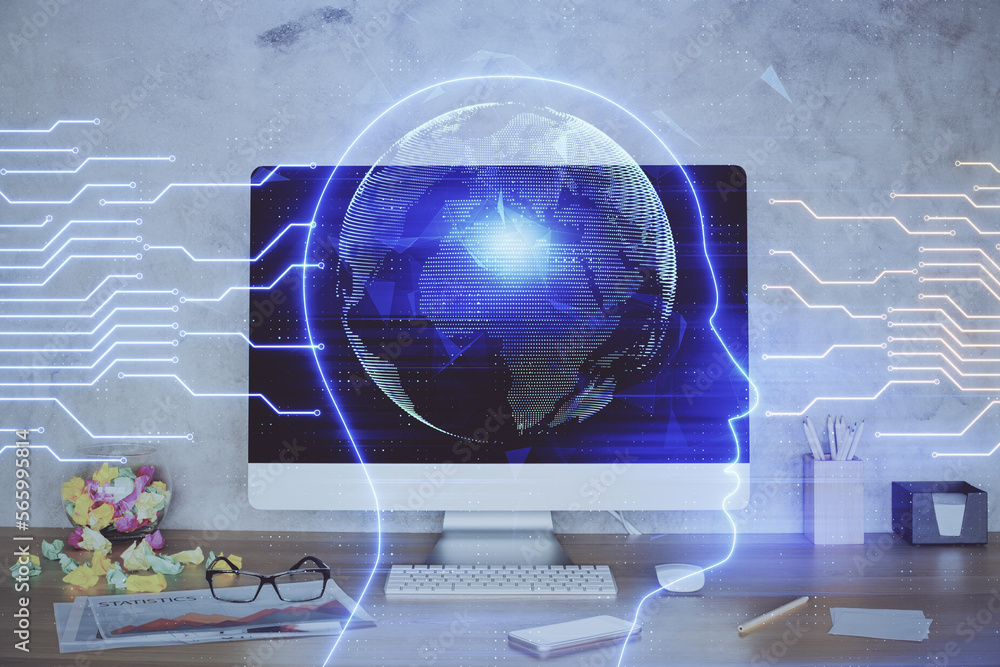 Poster Double exposure of desktop with computer and brain drawing hologram. Artificial intelligence concept.
