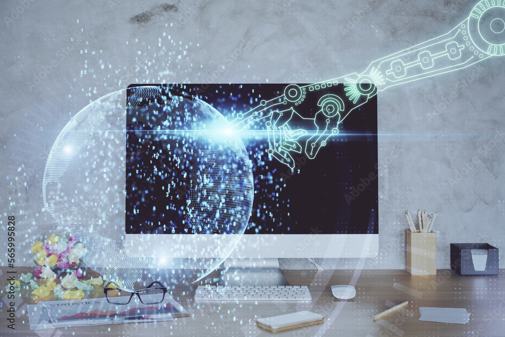 Poster Double exposure of table with computer on background and data theme hologram. Data technology concept.