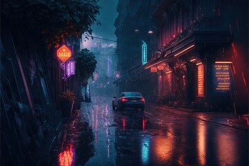  a car driving down a rain soaked street in the rain at night with neon signs on the buildings and a neon street sign in the rain.  generative ai