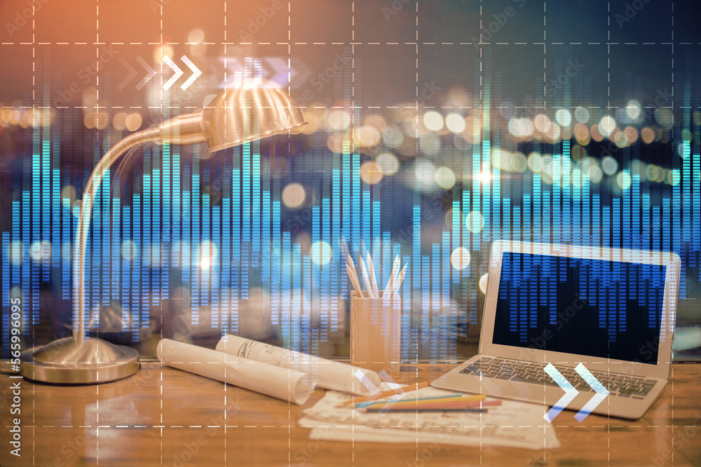 Poster double exposure of forex chart and work space with computer. concept of international online trading