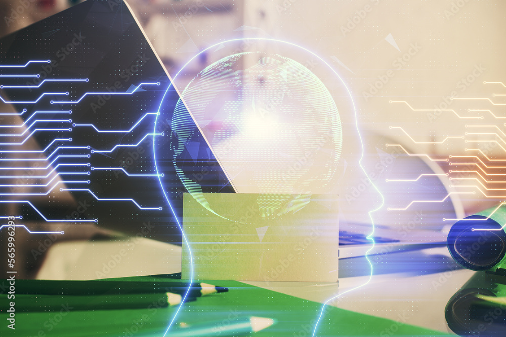 Aufkleber Double exposure of table with computer and brain hologram. Data innovation concept.