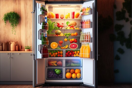  an open refrigerator filled with lots of different types of food and drinks in it's door, with a shelf full of fruits and vegetables.  generative ai