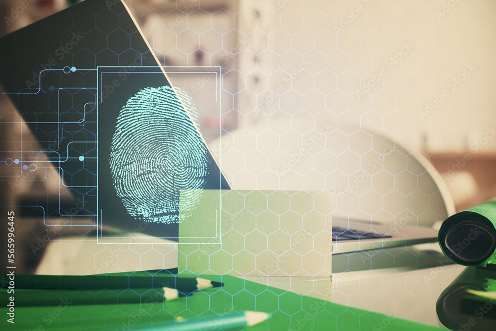 Poster Computer on desktop in office with finger print drawing. Double exposure. Concept of business data security.