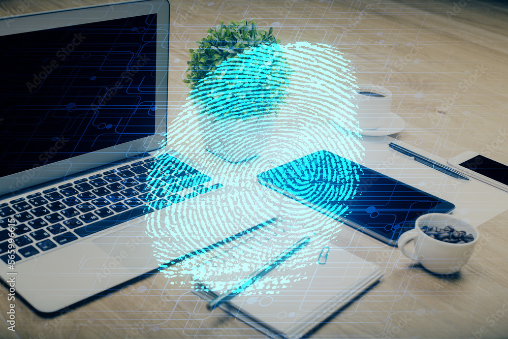 Poster computer on desktop in office with finger print drawing. double exposure. concept of business data s