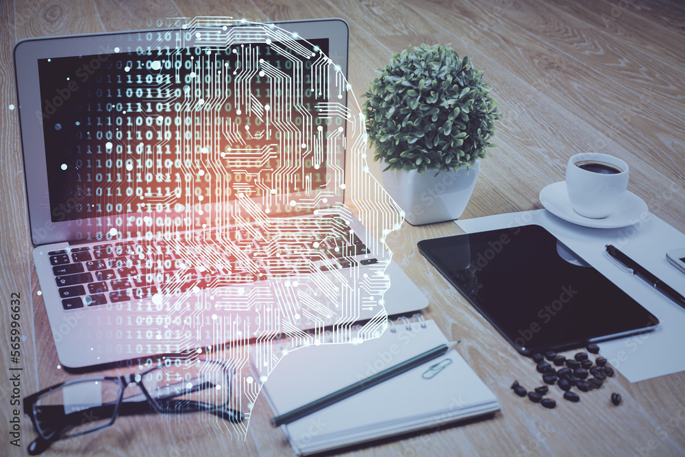 Poster Double exposure of desktop with computer and brain drawing hologram. Artificial intelligence concept.