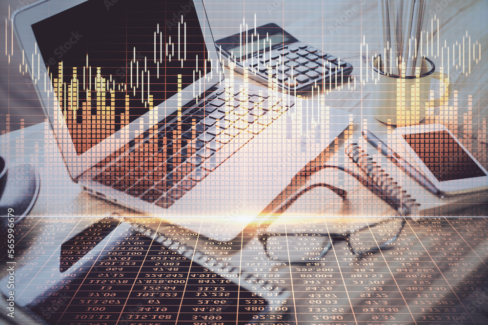 Poster double exposure of chart and financial info and work space with computer background. concept of inte
