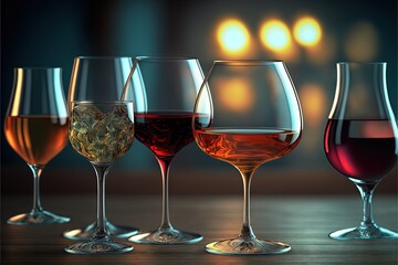  a row of wine glasses filled with different colored wines on a wooden table with a blurry background of lights in the distance behind them.  generative ai