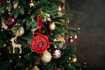 Christmas tree decorations. Christmas and New Year concept. Creative festive holiday layout