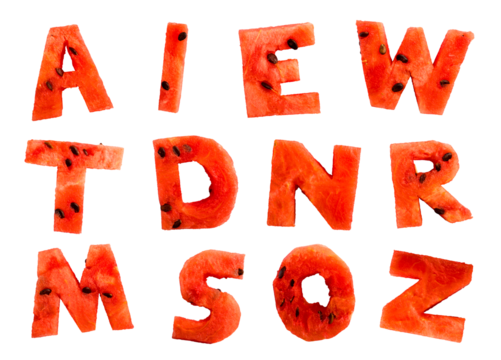 Letters from pieces of watermelon on a transparent background. isolated object. Element for design