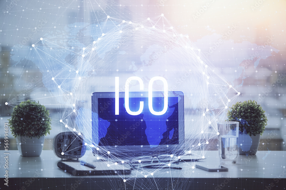 Poster Double exposure of blockchain and crypto economy theme hologram and table with computer background. Concept of bitcoin cryptocurrency.