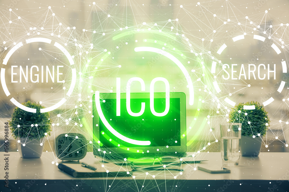Poster Double exposure of blockchain and crypto economy theme hologram and table with computer background. Concept of bitcoin cryptocurrency.